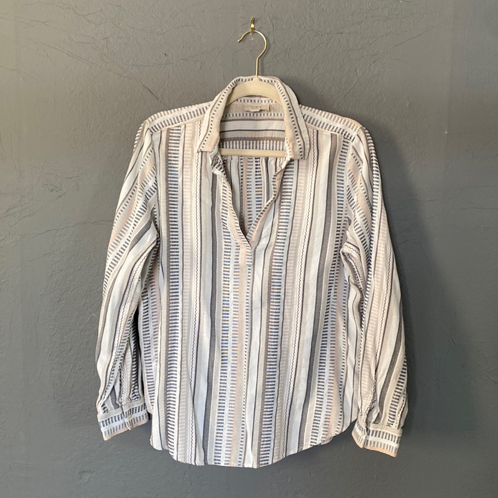 LOFT Outlet Popover Striped Boho Beachy V-Neck Shirt Top Businesses Casual
